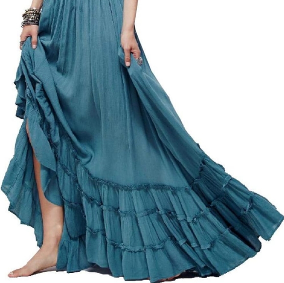Peacock Blue Maxi Halter Gauze Dress Tiered Long Flowy Bohemian Beach Vacation - Picture 5 of 14